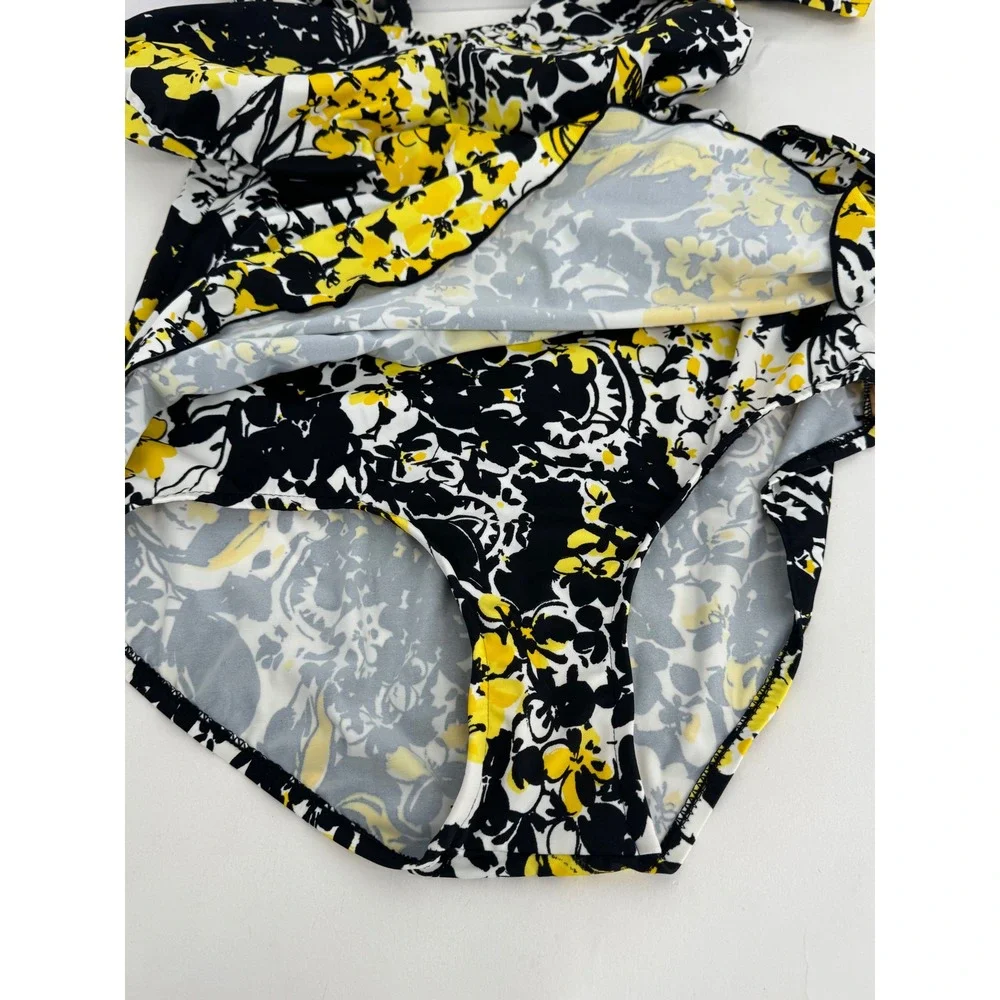 Maxine of Hollywood Womens Sz 16 Yellow Black Floral V-Neck Faux Wrap Swimsuit